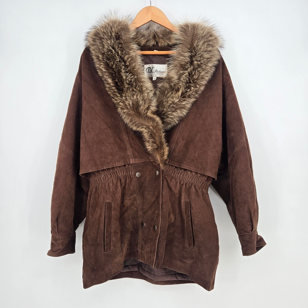 Vintage Real Suede Leather Raccoon Fur Coat Brown Womens XL Mob Wife Boho 80s